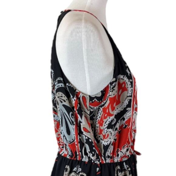 LOFT Midi Dress Halter Neck Blouson Tie Waist Chiffon Black Red Women’s Large - Picture 7 of 10